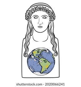 
Antique female bust with planet Earth inside. Goddess Gaia. Creative concept. Mother Nature archetype.