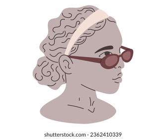 Antique female cartoon head. Clay old Greek woman statue wearing sunglasses and headband. Vector isolated flat illustration, sculpture portrait.