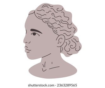 Antique female cartoon head. Clay old woman Greek statue. Vector isolated flat illustration, sculpture portrait.