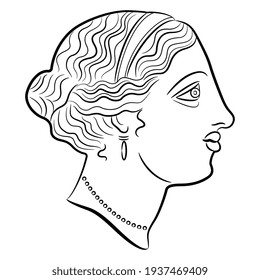 Antique female head in profile. Portrait of a beautiful young woman. Ancient Greek or Roman lady. Black and white linear silhouette.