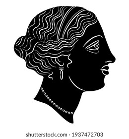 Antique female head in profile. Portrait of a beautiful young woman. Ancient Greek or Roman lady. Black and white silhouette.