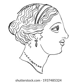 Antique female head in profile. Portrait of a beautiful young woman. Ancient Greek or Roman lady. Hand drawn linear doodle ink sketch. Black silhouette on white background.