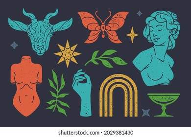 Antique female sculpture with mystical arched boho gates. Ancient bust of attractive woman and magic potion bowl. Esoteric symbols. Goats head and star for occult rituals. Vector illustration