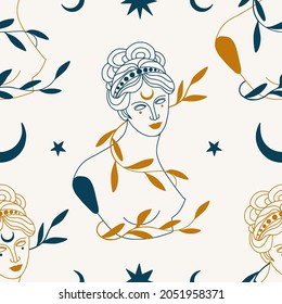 Antique female statue with leaves and stars seamless pattern. Ancient greek goddess in modern linear style. Classic mythical hand drawn trendy line art. Vector texture for textile, paper, wall art