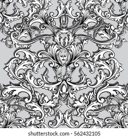 Antique floral baroque seamless pattern background wallpaper illustration with vintage  decorative  flowers, scroll leaves and medieval damask ornaments. Vector endless elegant fabric texture.