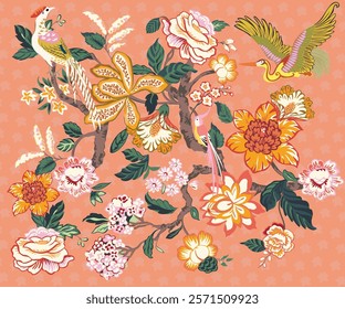 Antique Floral Painting Wallpaper with Parrots Birds Tree Leaves Vector Illustration