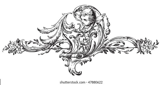 antique floral scroll ornament engraving, scalable and editable vector illustration