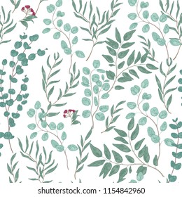 Antique floral seamless pattern with beautiful eucalyptus branches, leaves and flowers on white background. Hand drawn decorative vector illustration for fabric print, wrapping paper, backdrop
