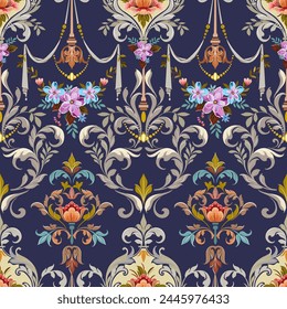 Antique flowers, bright colors, and small sweet flowers. In a vintage Baroque style combined with Louis patterns. on a dark background Seamless for digital printing, textiles, wallpapers.