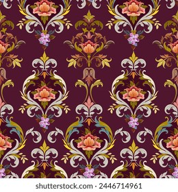 Antique flowers, bright colors and small flowers in a vintage Baroque style with Louis patterns. Seamless red-brown background for digital printing, textiles, wallpaper.