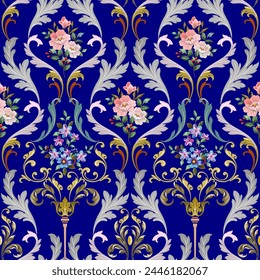 Antique flowers, bright colors, and sweet little flowers. In a vintage Baroque style combined with Louis patterns. on a blue background Seamless for digital printing, textiles, wallpapers.