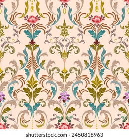 Antique flowers, bright colors, with vintage Baroque style patterns mixed with Louis patterns. On a light background, seamless for digital printing, textiles, wallpaper.