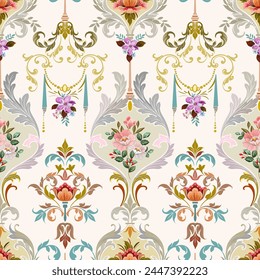 Antique flowers and pink, purple flowers and vintage Baroque patterns mixed with gold Louis patterns. on a light background Seamless for digital printing, textiles, wallpapers.