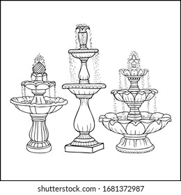 Antique Fountain Set Cascade, Hand Drawing 