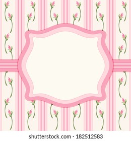 Antique frame with rosebuds and stripes background in shabby chic style
