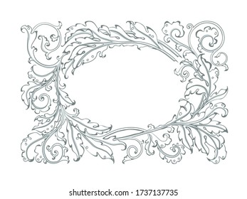 Antique frame in style baroque of acanthus leaves. Monogram floral ornament, leaf scroll, engraved retro flower pattern. Vector border.