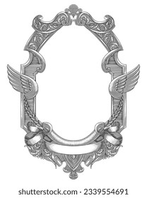  antique frame with wings, floral ornament and banner, vintage engraving drawing style illustration 