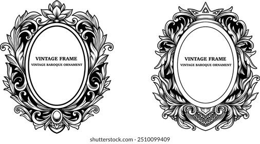 Antique frames and border with floral ornament. Vintage victorian baroque decorative element engraving vector design illustration. Monochrome classic frame with flourish, filigree, swirl ornamental