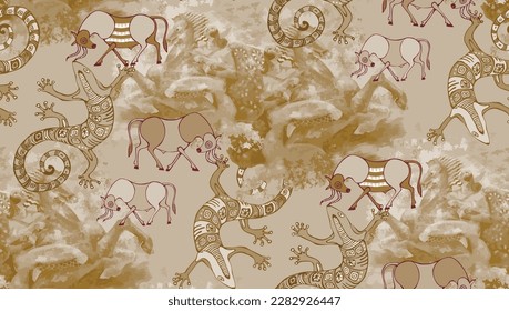 Antique fresco with Amazons and oxes. Seamless pattern. Vector illustration. Suitable for fabric, mural, wallpapers, wrapping paper and the like.