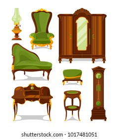 Antique furniture in cartoon style. Vector illustrations isolate. Antique interior furniture wooden vintage