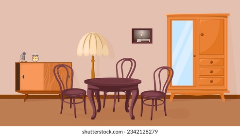 Antique furniture in living room vector illustration. Wooden table, chairs, wardrobe and floor lamp, vintage clock and telephone on drawer. History, culture, interior design concept