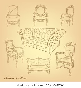 Antique furniture .Retro Furniture .Set of Hand Drawn Antique Furniture