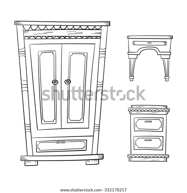 Antique Furniture Set Closet Dresser Nightstand Stock Vector