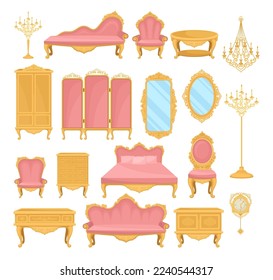 Antique furniture set. Closet, mirror, nightstand, candlestick, closet, chair, nightstand and bureau, baroque style cartoon vector