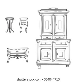 Antique furniture set: closet, nightstand and bureau isolated on a white background. Vector drawing lines.