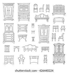 Antique furniture set: closet, nightstand, closet, chairs, nightstands and bureaus isolated on a white background. Vector hand drawn retro collection. Sketch style.