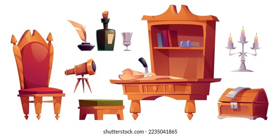 Mobiliario antiguo de fondo blanco. Ilustración vectorial de caricatura de silla vintage, escritorio secretaria, viejo baúl de madera, lámpara de araña con velas, telescopio retro, botella de tinta. Interior de la sala de escritores