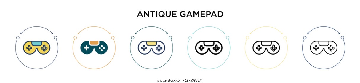 Antique gamepad icon in filled, thin line, outline and stroke style. Vector illustration of two colored and black antique gamepad vector icons designs can be used for mobile, ui, web