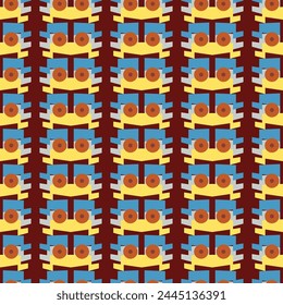 Antique geometric Mayan masks blue, yellow, brown on dark brown background seamless pattern, fabric, print, textile, packaging, web