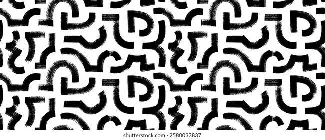 Antique geometric seamless pattern with bold arched brush strokes and maze lines. Hand drawn labyrinth motif background. Grunge thick strokes, dashes and curved lines. Geometric seamless pattern.