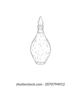 Antique glass bottle with fragrance vintage vector illustration. Perfume in small vial retro engraving. Medical essence linear hand drawn sketch.