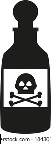 Antique glass bottle with poison. On the label is a skull with bones. Icon