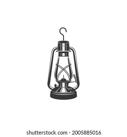 Linterna de queroseno de vidrio antiguo con mango metálico aislado icono monocromo. Linterna de mineros viejos vectores, lámpara de aceite retro. Lámpara de parafina retro. Objetos mineros con llama ardiente en blanco y negro