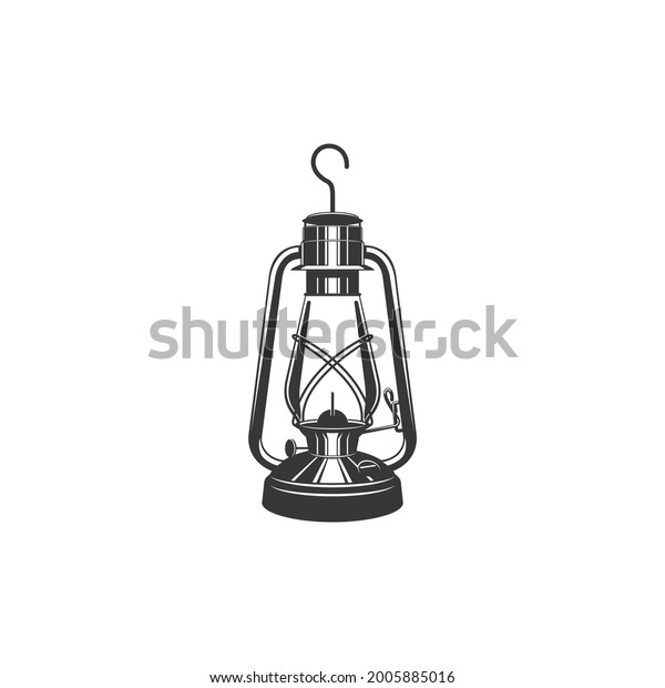 Antique glass kerosene lantern with metal handle\
isolated monochrome icon. Vector old miners lantern, retro oil\
lamp. Retro paraffin lamp. Miners object with burning flame in\
black and white