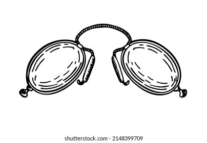Antique glasses vector icon illustration. Pince-nez  Ink sketch. Vintage spectacles. Ink sketch isolated on white background. Old glasses vector sketch.