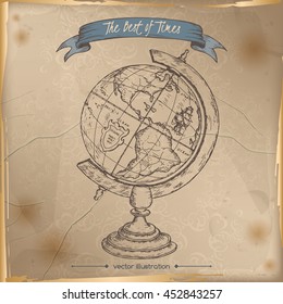 Antique globe hand drawn sketch placed on old paper background. Vintage collection. Great for school, education, book shop, retro design.