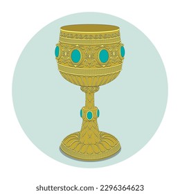Antique Goblet. Medieval golden chalice. Vintage engraved cup with decorative elements. Vector EPS10 flat illustration