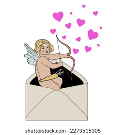Antique god of love Cupid or Amur as winged Putto child sitting in a paper envelope with bow and arrows and shooting heart symbols. Romantic Valentine's Day design. Isolated vector illustration.