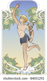 Antique god on vintage background in art Nouveau style