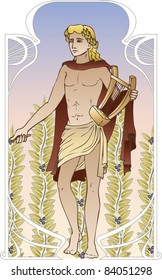 Antique god on vintage background in art Nouveau style