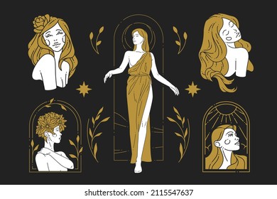 Antique goddess Greek woman with blossom botanical abstract golden and black design icon set vector illustration. Elegant female minimalist art deco fashion silhouette logo for beauty spa wellness