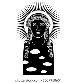 Antique goddess as sunny day with clouds and solar nimbus. Creative concept. Female archetype. Mother nature. Hera or Juno. Black and white silhouette.