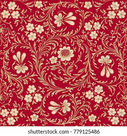 Antique Gold Floral Pattern On A Red Background.