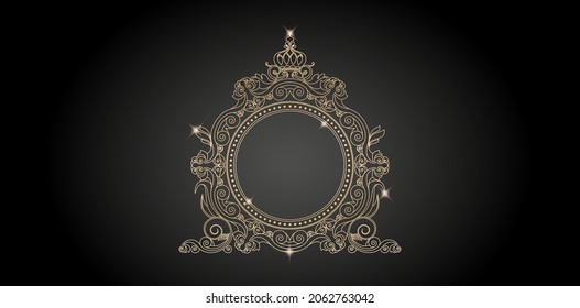 antique gold frame with crown lines model. Ellipse Frame element with color gold isolated background, for letterpress, embroidery, invitation wedding anniversary and sign.