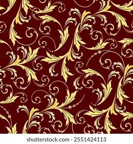 Antique gold Louis pattern, hand drawn, seamless, on a dark red background. Designed for fabric, fashion, textiles, wallpaper, gift wrap.