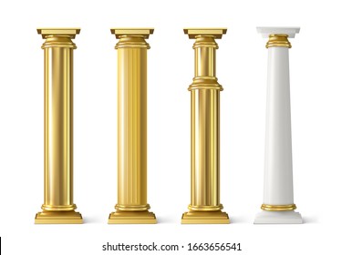 Antique gold pillars set. Ancient columns with golden decorative texture isolated on white background. Roman or greece facade decoration, luxury architecture elements, Realistic 3d vector illustration